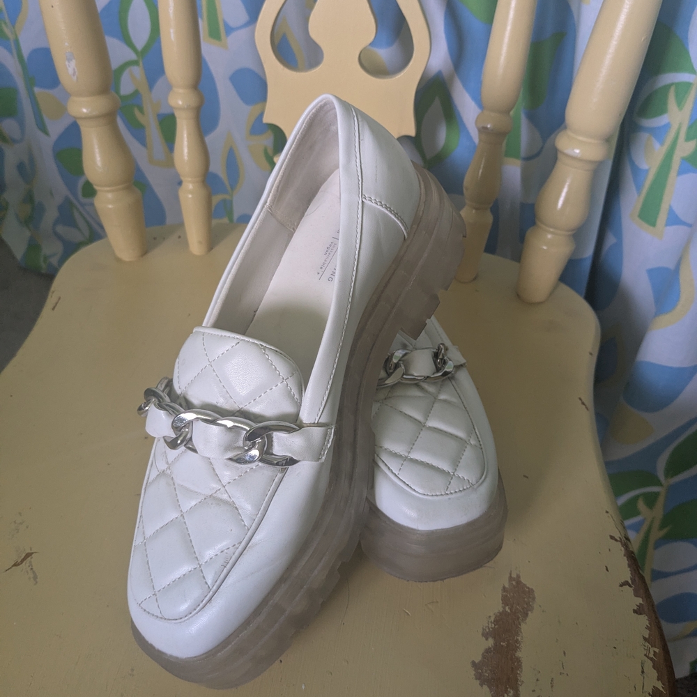 Call It Spring White and Silver Loafer with Chain Detail